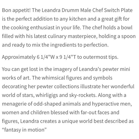Vintage - Leandra Drumm - Pewter Chef Wall Light Switch Plate - Rare - Excellent - Picture 13 of 13